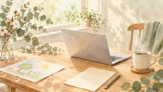木の机の上のノートパソコンとマグカップ、子どもの絵（水彩イラスト）