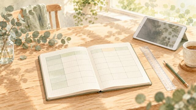 方眼ノートに描かれた表のマス目と定規・鉛筆（水彩イラスト）